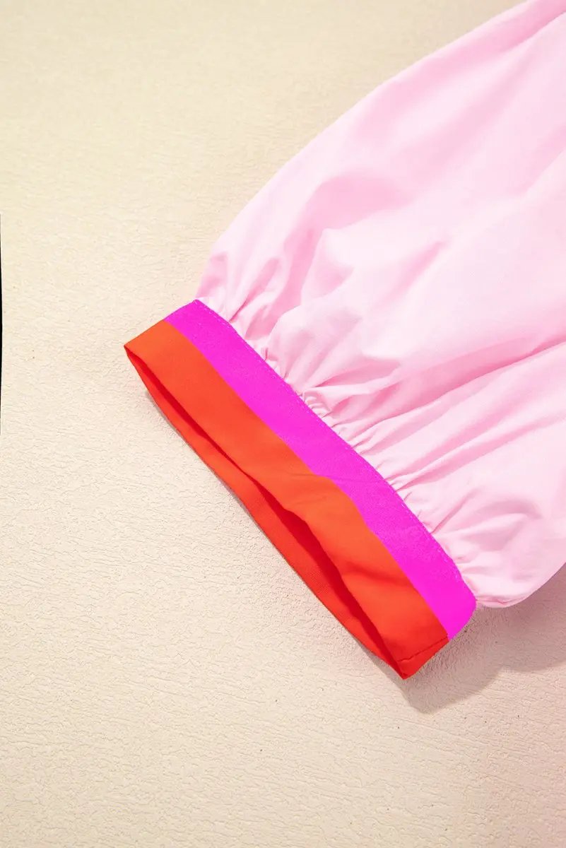 Pink Contrast Striped V Neck Puff Sleeve Blouse - Love Salve